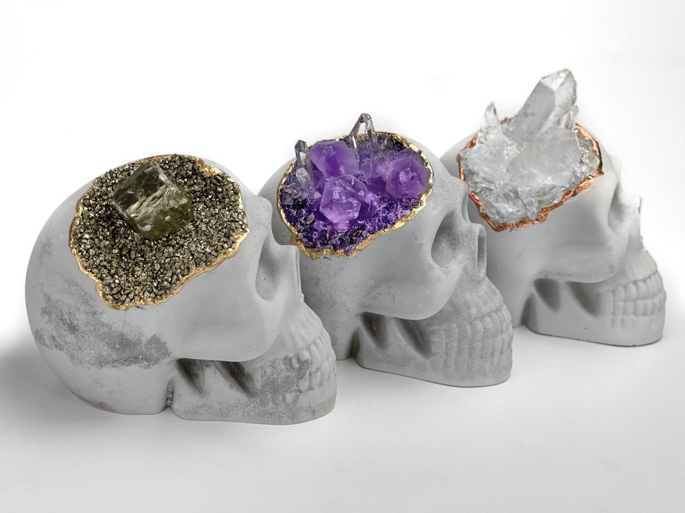 Amethyst Quartz Crystal Skull | Concrete Geode Decor Purple