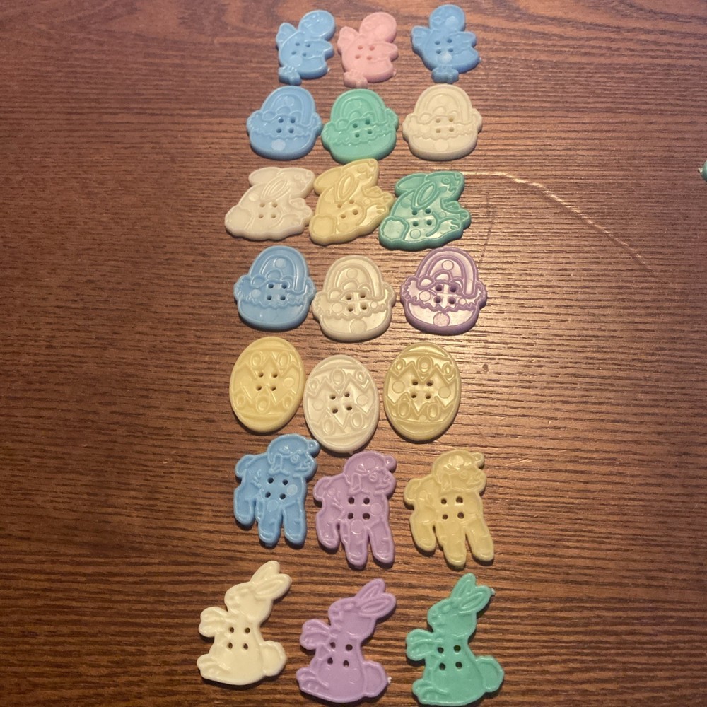 21 EASTER THEME PLASTIC 4-HOLE RAISED DETAIL FLAT BACK BUTTONS