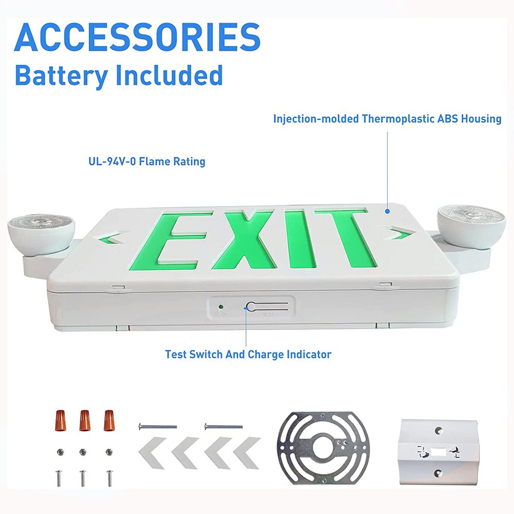 4PACK Green Exit Sign Emergency Light Combo ABS Fire Safety 90m Backup UL listed