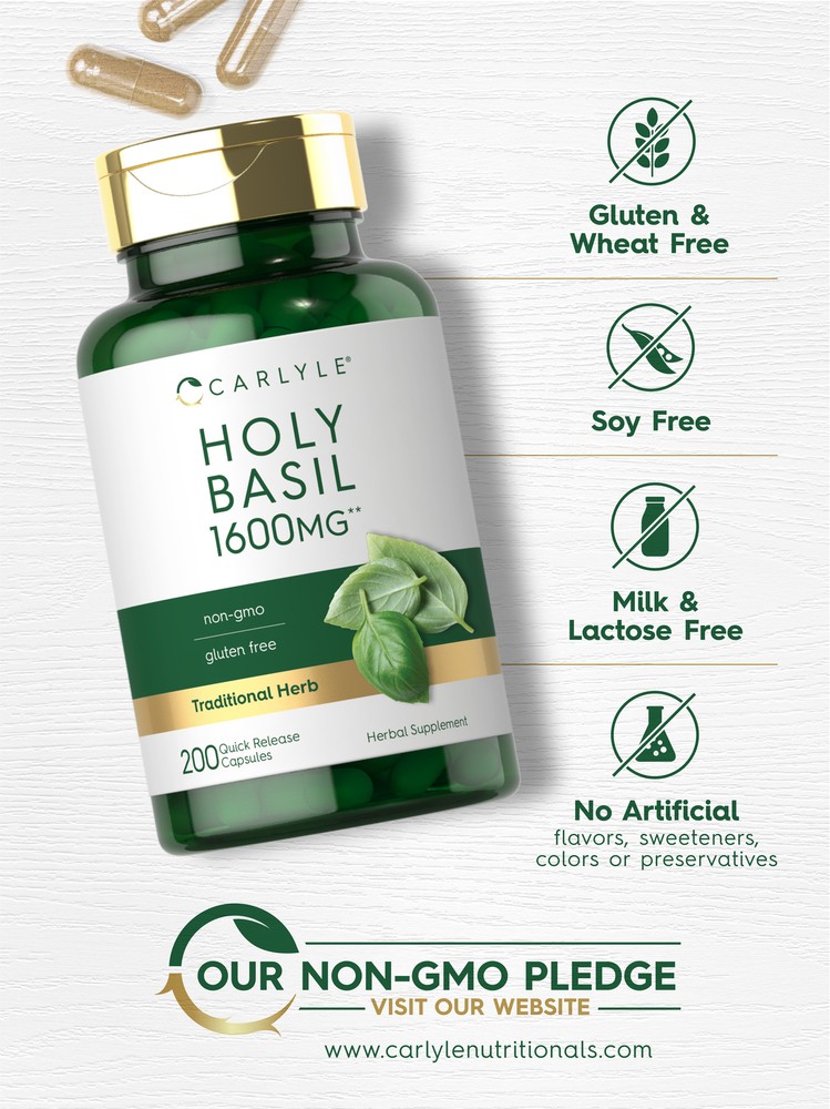 Holy Basil Capsules 1600mg | 200 Count | Leaf Extract Supplement | by Carlyle