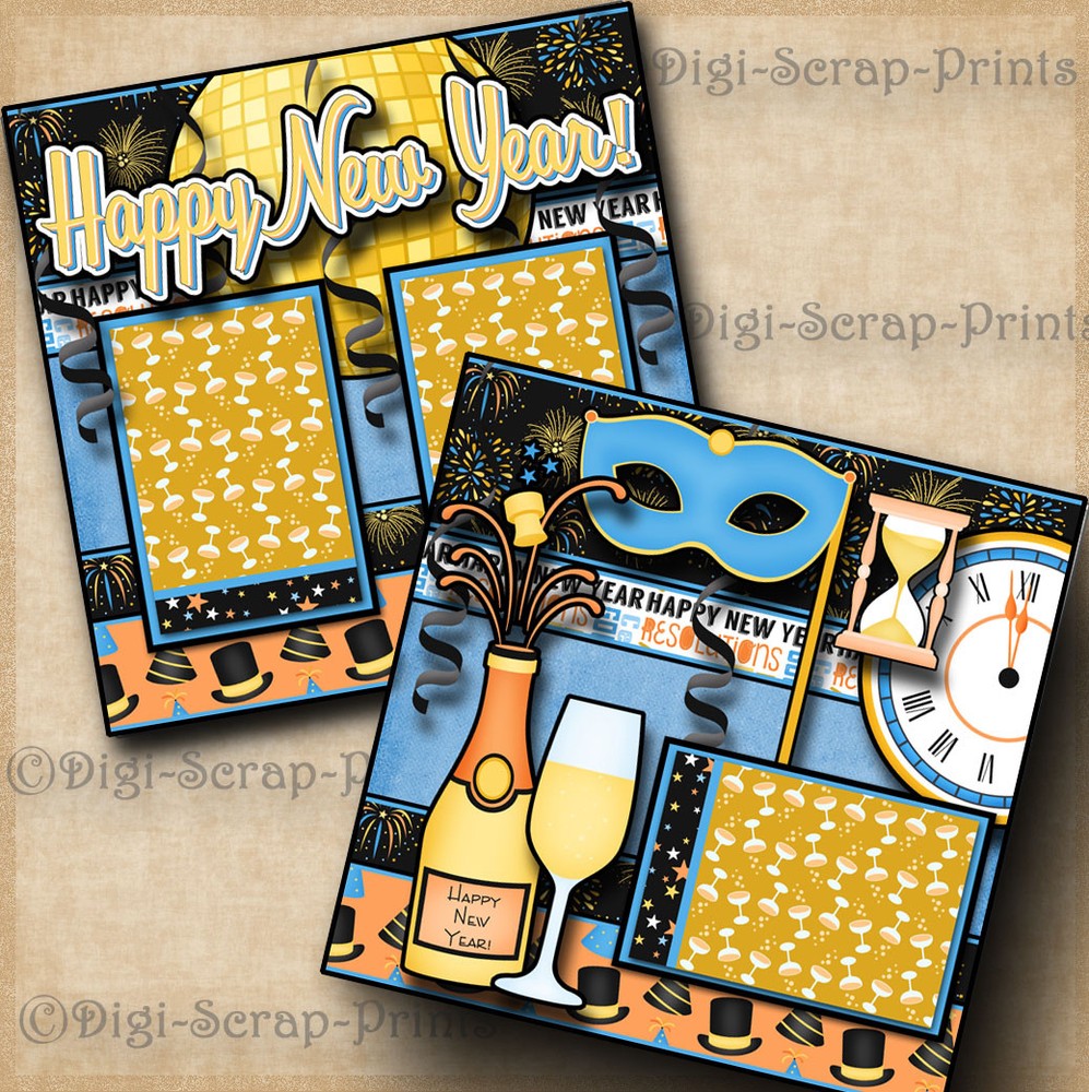 HAPPY NEW YEAR ~ 2 premade scrapbook pages paper piecing layout ~ BY DIGISCRAP