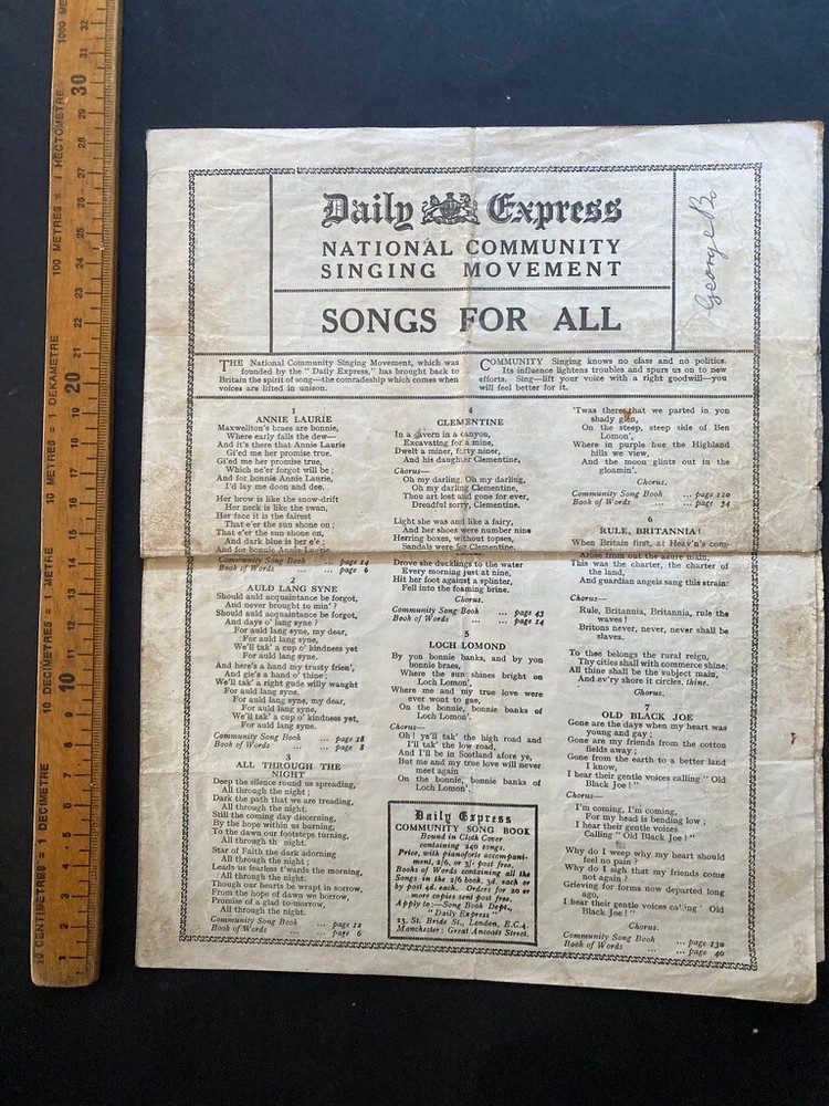 Vintage Daily Express National Community Singing Movement sheet Lowe & Brydone