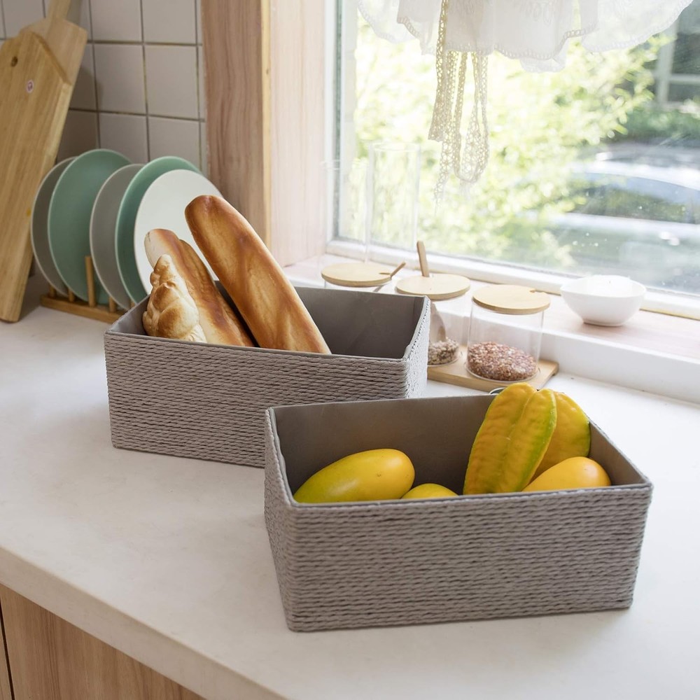 Storage Baskets Set 4 Stackable Woven Basket Paper Rope Bin Storage Boxes Makeup
