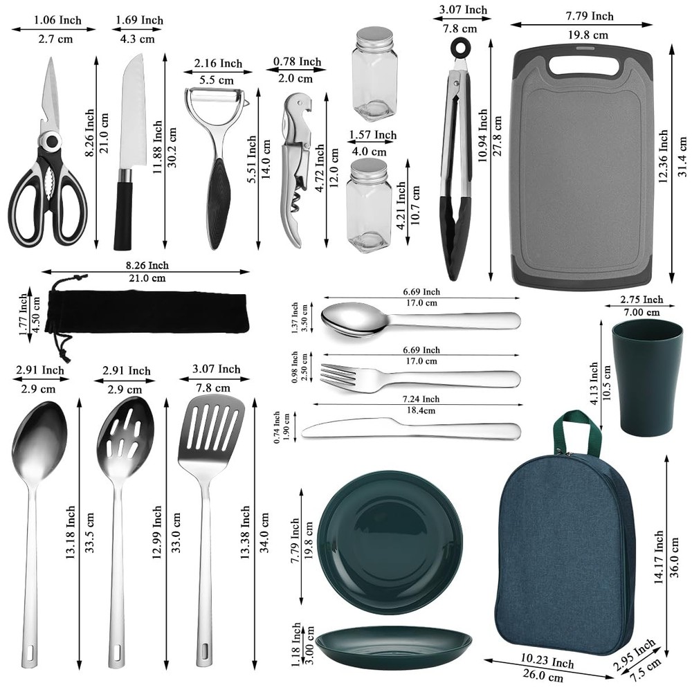 Camping Cooking Utensils Set with Silverware, Plates, Cups, Outdoor Essentials