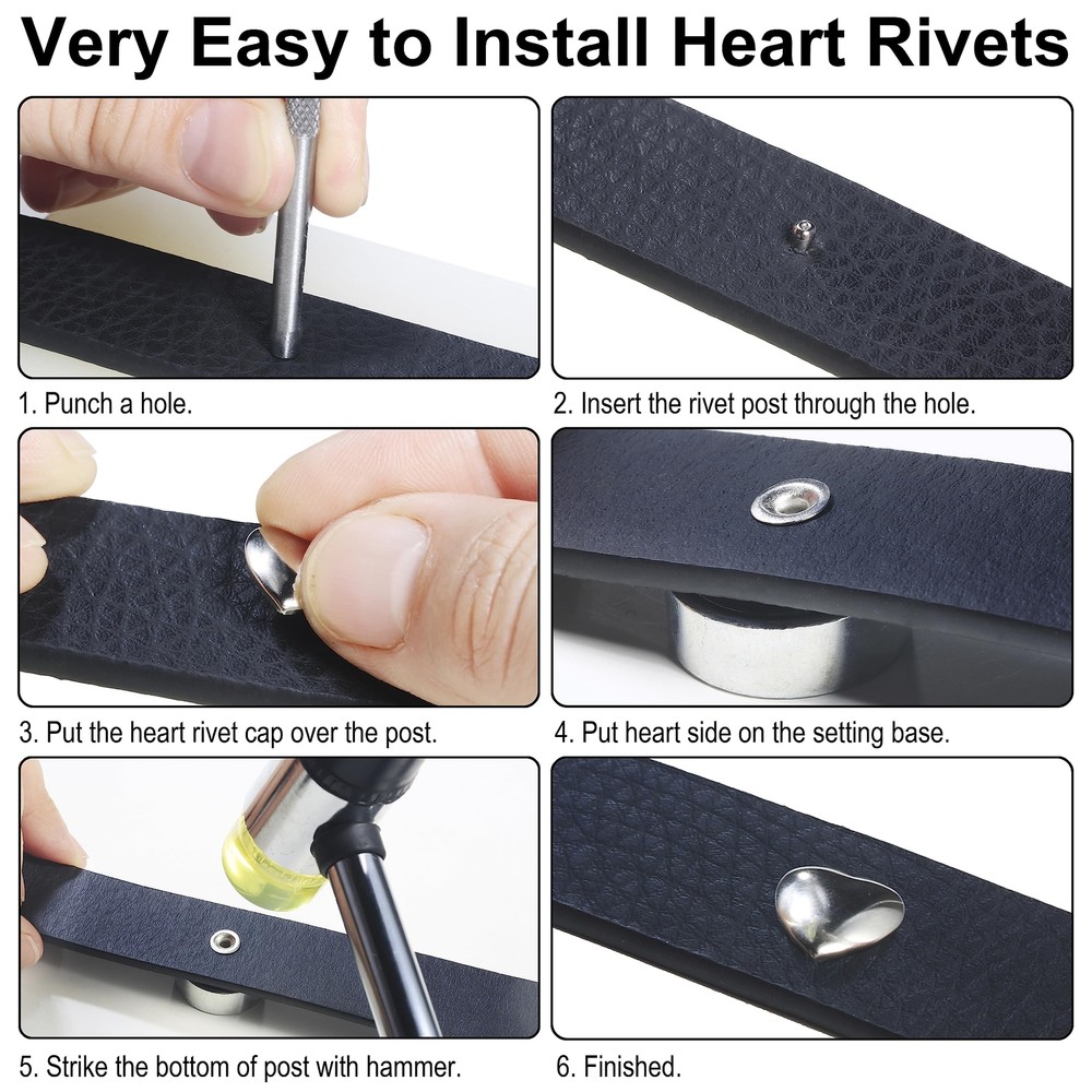 150 Sets Leather Rivets Kit Mixed Sizes Rivets for Leather Heart Studs for Cl...
