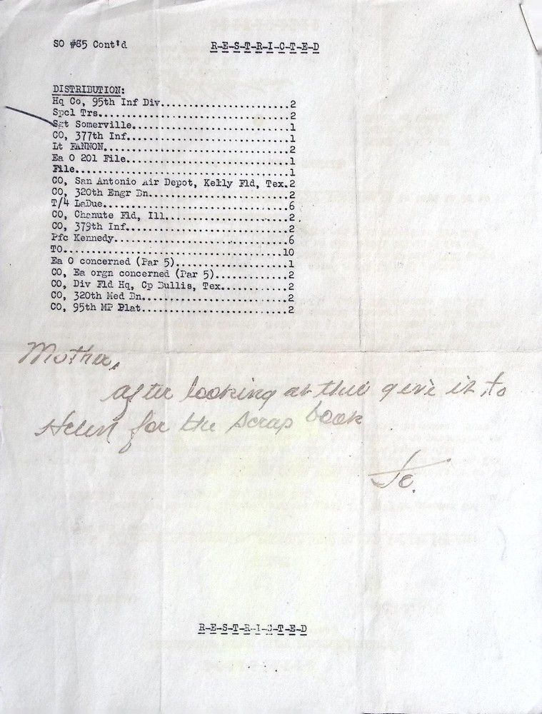 WWII US Army 95th Infantry Division Special Orders 1943 Restricted Document