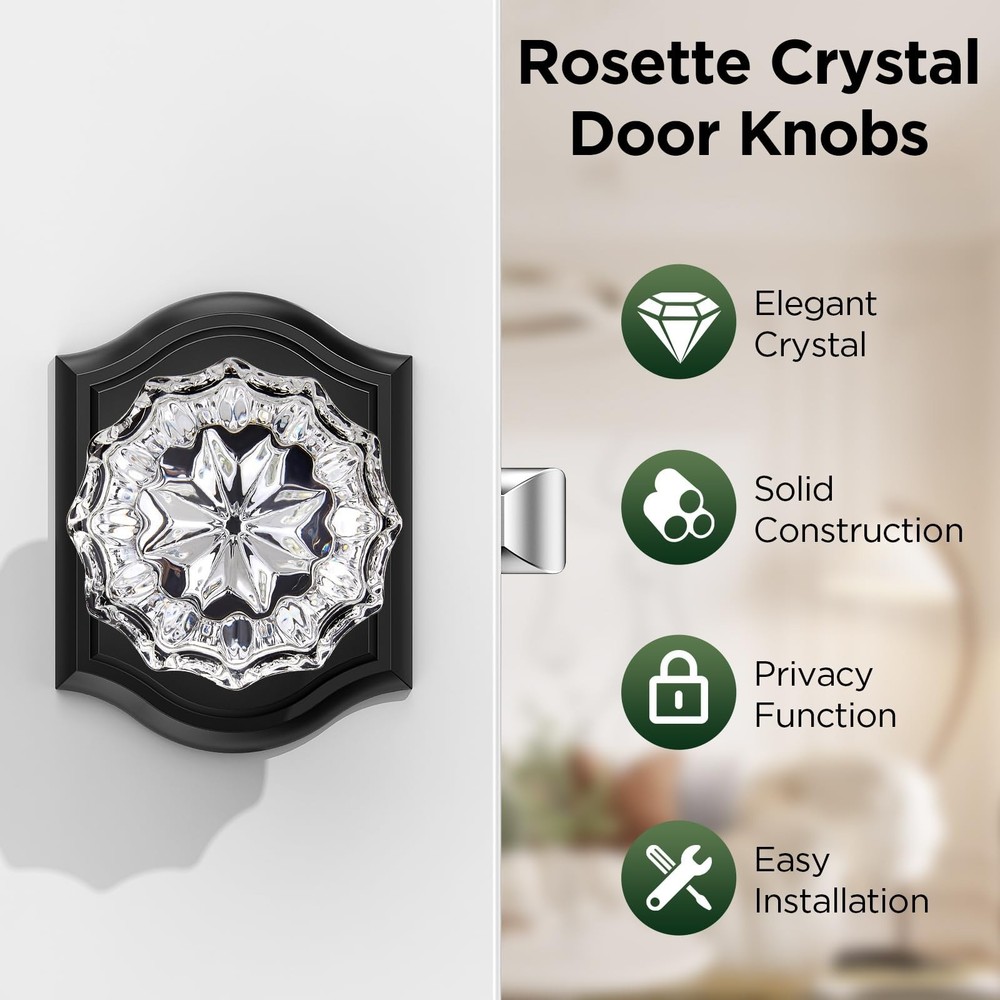 3 Pack Glass Door Knob, Rosette Shaped Crystal Door Knobs with Lock, Matte Bl...