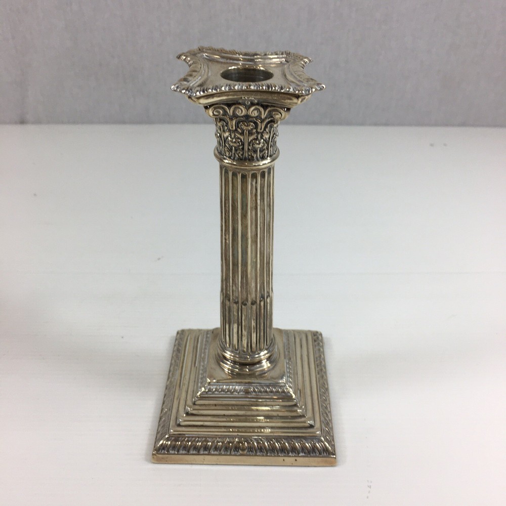 Antique 1936 Solid Silver Weighted Pair Of Corinthian Column Candlesticks