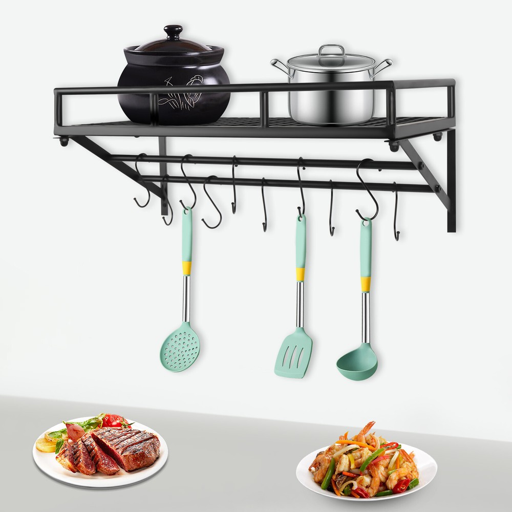 24 Inch Wall Mounted Pot Rack with 2 Hanging Rails and 10 Hooks