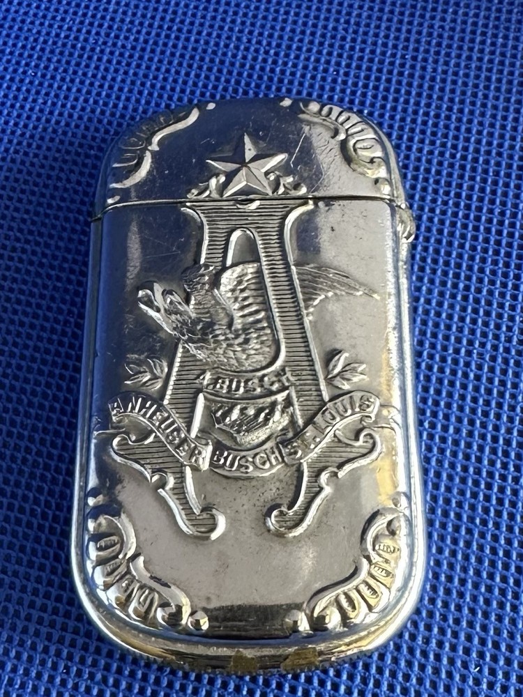 VINTAGE ANHEUSER BUSH MATCH SAFE VESTA SILVER PLATE ENGRAVED