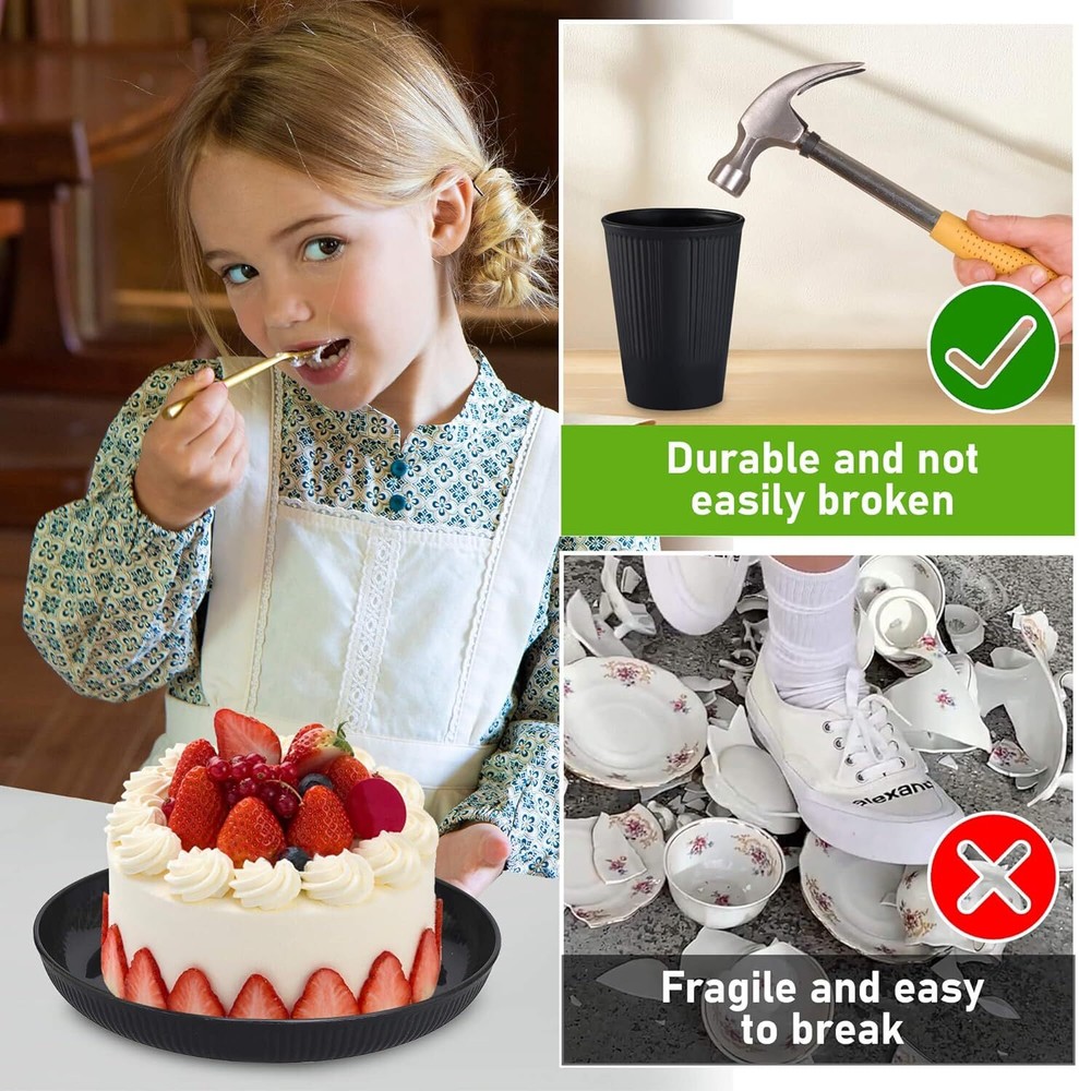 12pcs Wheat Straw Dinnerware Sets for 4, Kitchen Plate, Black