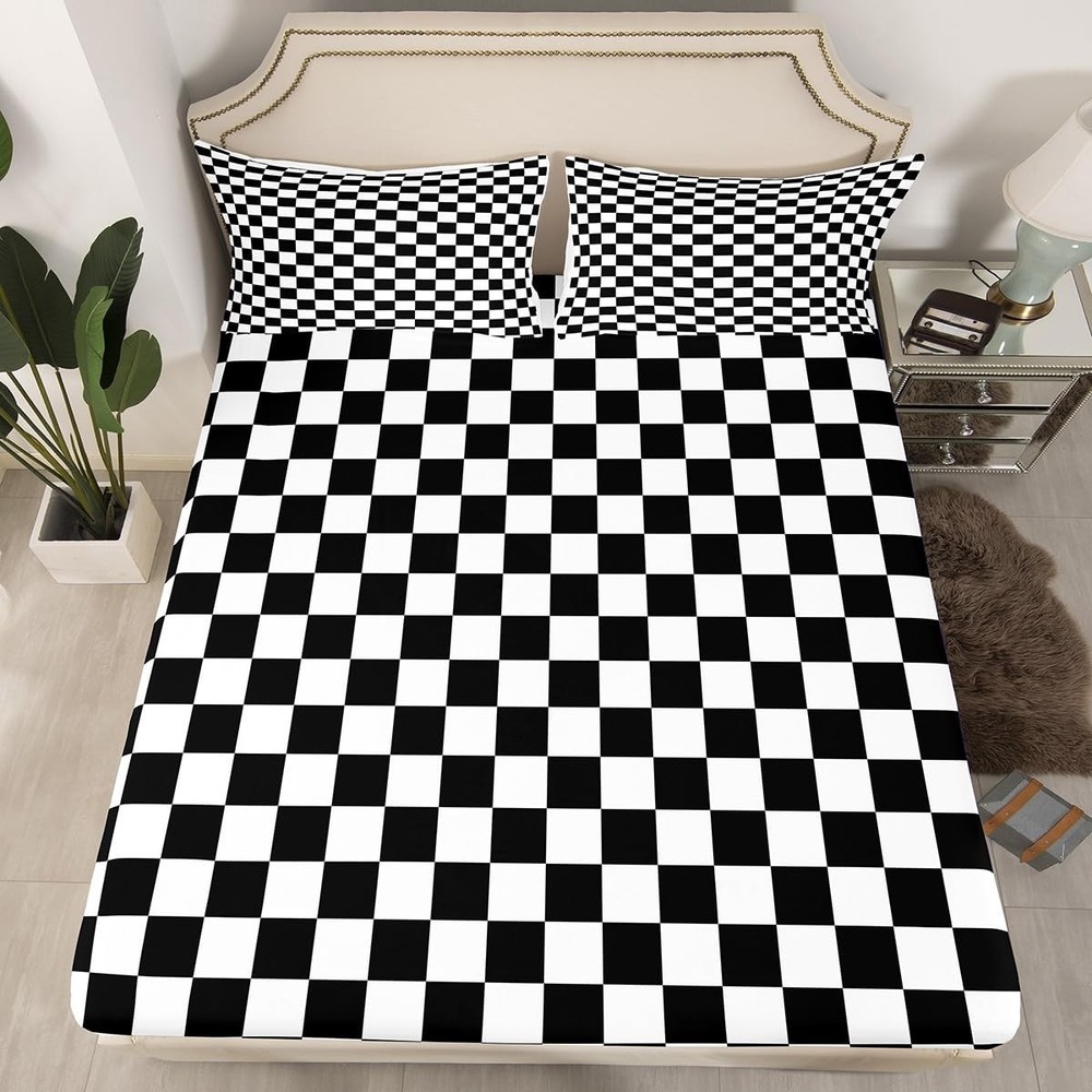Geometric Checkerboard Patchwork Fitted Twin Size,Abstract Plaids Grids Chess...