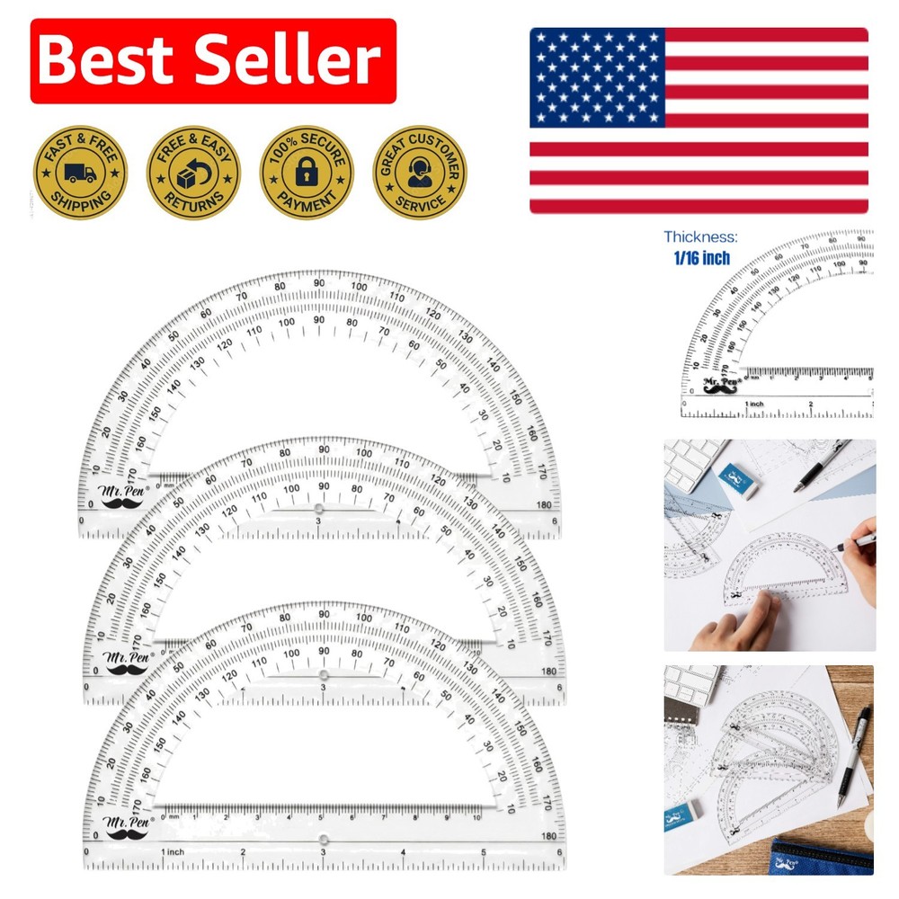 6-Inch Clear Plastic Protractor 3 Pack for Geometry - Precision Measuring Tool