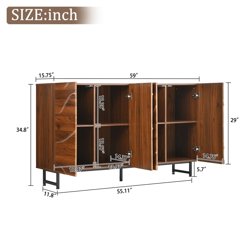 Modern Art Solid Wood Sideboard,59*16*35inch, Wave Relief Design, Walnut Textu