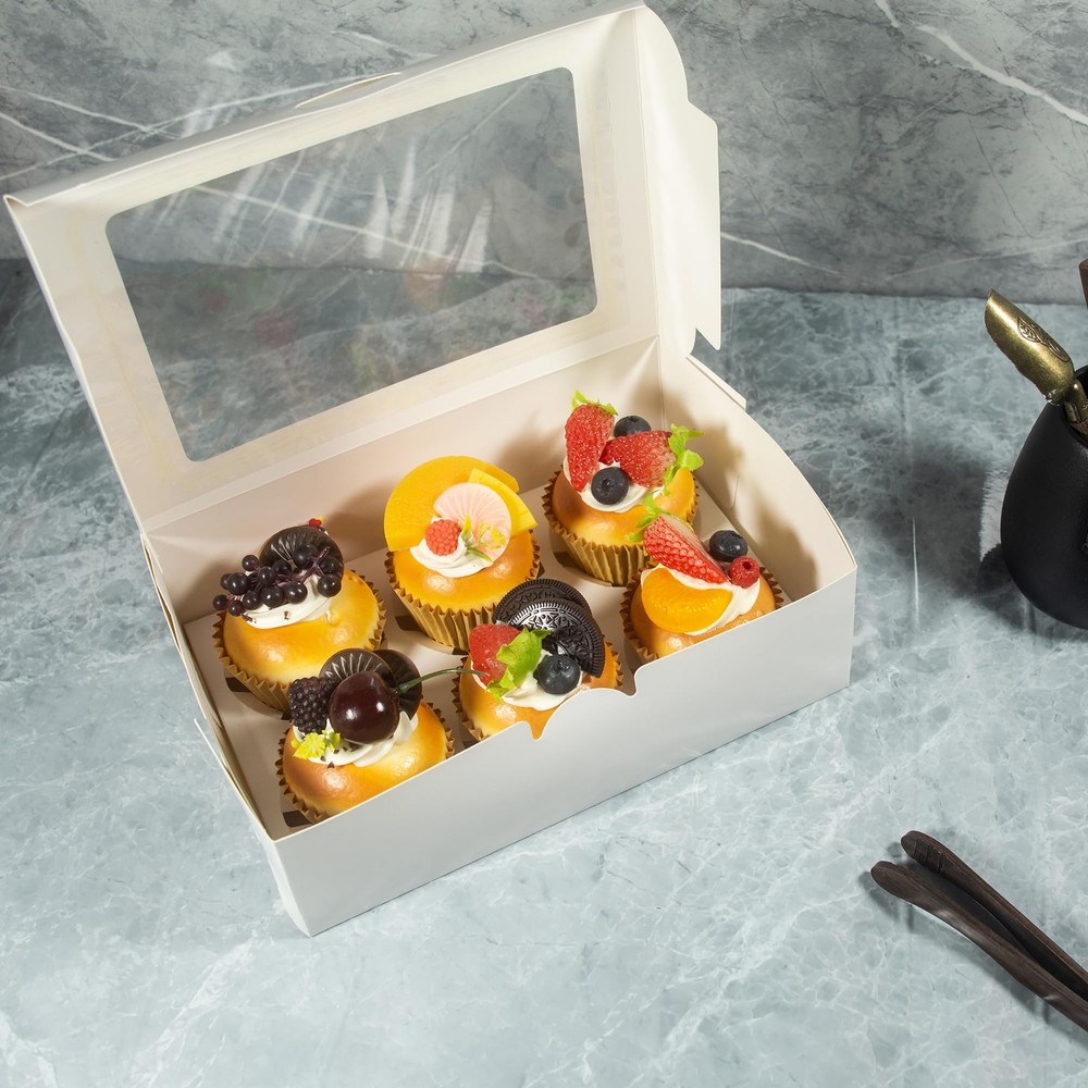 15 Pack White Cupcake Boxes Holds 6 Count Container Window Insert Carrier