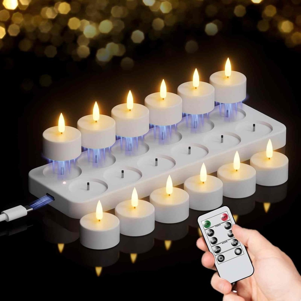 12 Rechargeable Tea Lights Candles with Charging Base and Remote Timer, Flame...