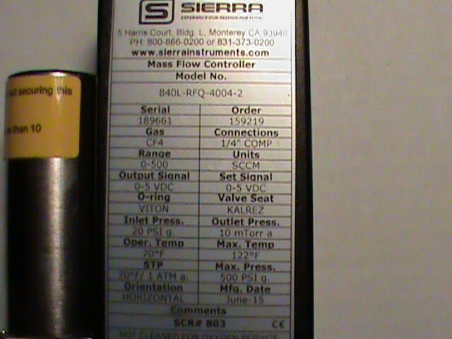Sierra Mass Flow Controller Model # 840L-RFQ-4004-2