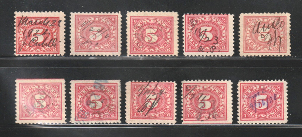 Scott # 232, Used, 5¢ Documentary, Manuscript Cancels, 10 Different