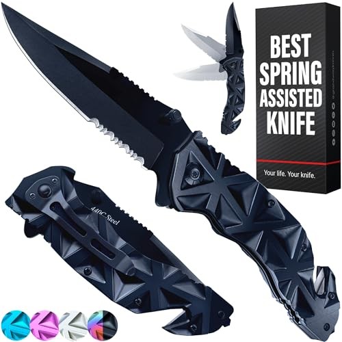 Pocket Knife for Men - Serrated Sharp 3.5" Folding Blade - 1. Black