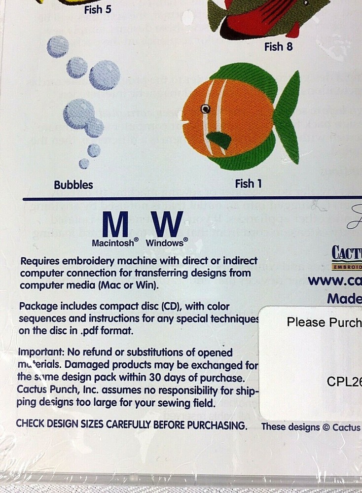 Cactus Punch Embroidery Digitizing " Funny Fish 1 " 10 Designs