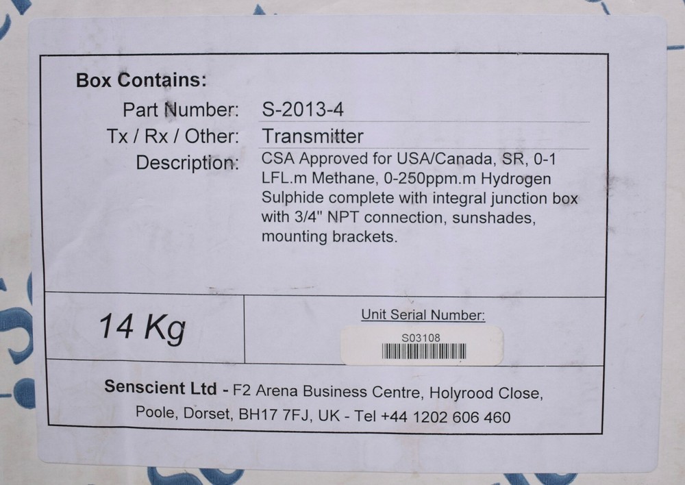 Senscient S-2013-4 Open Path & Cross Duct Gas Detector Transmitter
