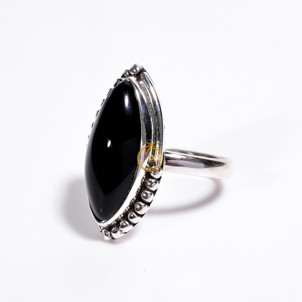 Natural Black Onyx Gemstone Black Stone 925 Sterling Silver Statement Ring