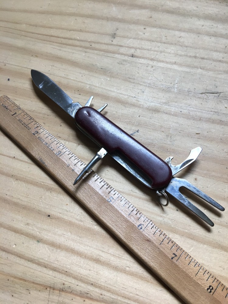 Vintage 1990s Brown Handle Pocket knife 5 Multi tools 3"L when Closed