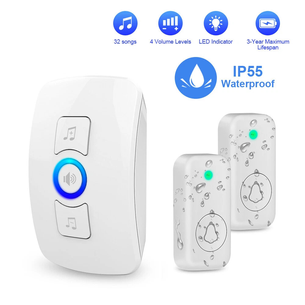 Wireless Doorbell Plug & Play Plugin Receiver Waterproof Adjustable Volume White