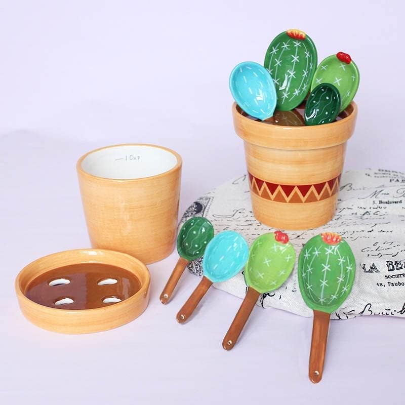 Cactus Measuring Spoons Set in Pot Ceramic Cute Small Cacti Measuring Spoons