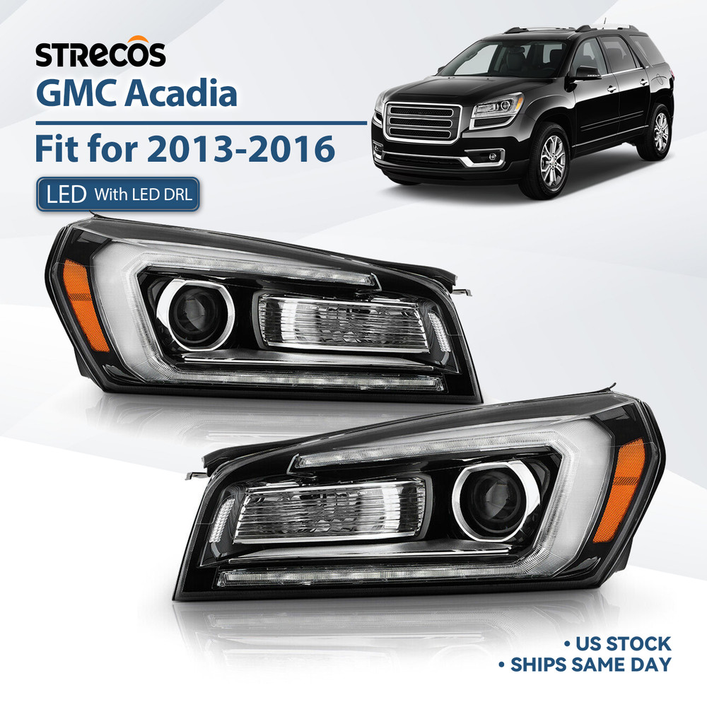 For 2013-2016 GMC Acadia Halogen Headlight w/ LED DRL Projector Left+Right Pair