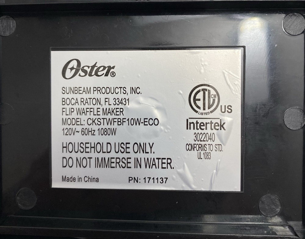 Oster Flip Belgian Waffle Maker Temp Control Non Stick Easy Clean W/ User Guide