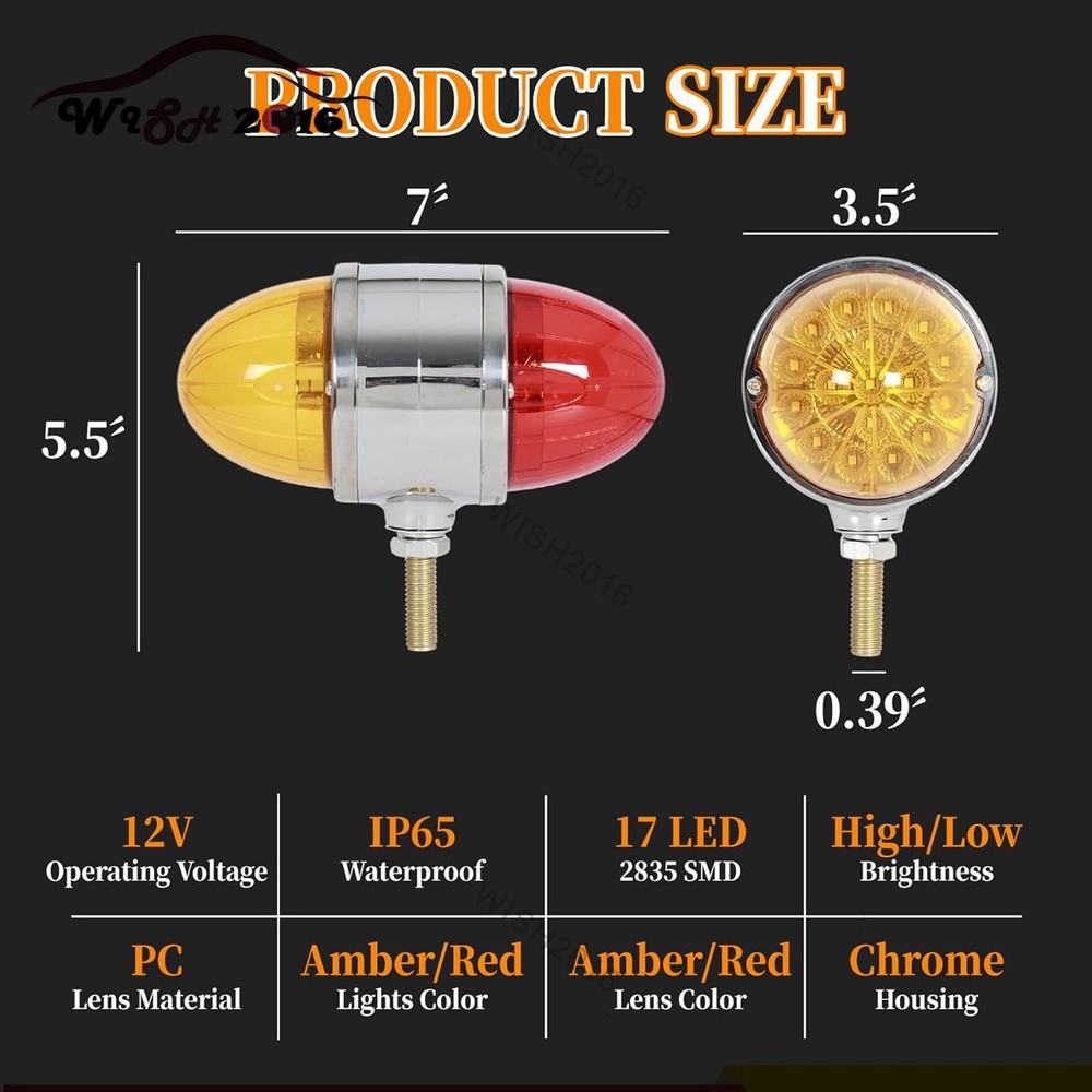 2PCS 17 LED Dual Function Watermelon Double Face Light Amber Red Chrome Lights
