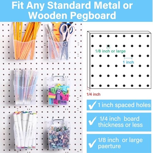 6 Pack Pegboard Bins with Hooks - Translucent Pegboard Organizer Wall