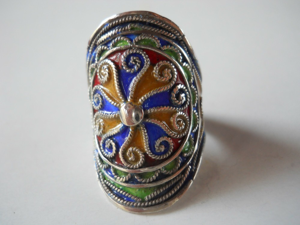 Sterling Silver Multicolor Enamel Moroccan Ring Size 8