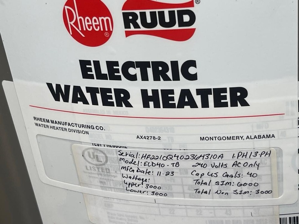 RHEEM RUUD Commercial Light Duty Electric Water Heater 40 Gallon 240 Volt New