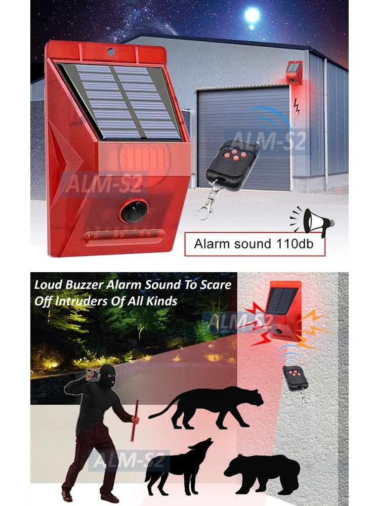 Solar Home Security Alarm 110dB Siren Red Strobe Light Motion Sensor IR Remote