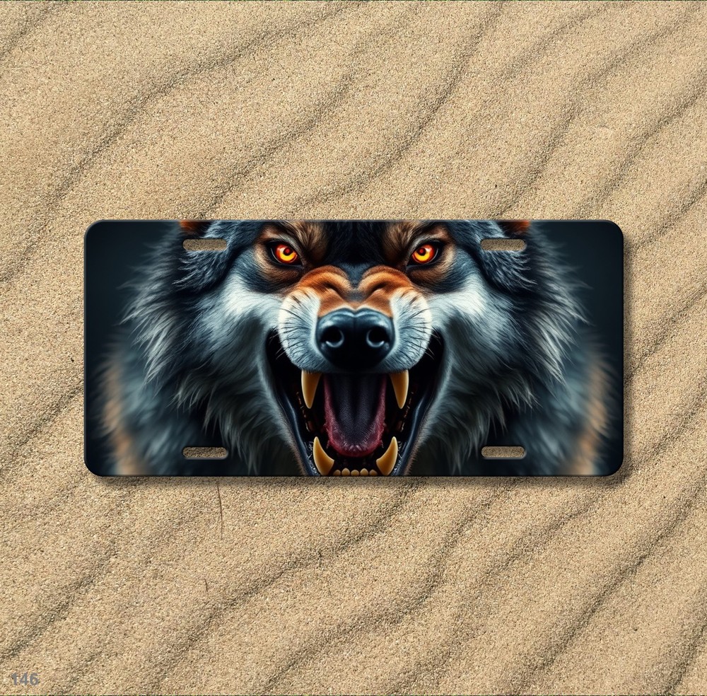 Fierce Wolf License Plate with Sharp Teeth Your Text Front Plate Special Gift