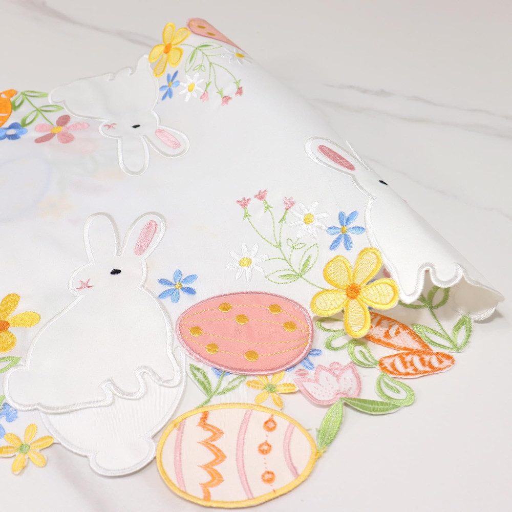 Easter Table Runner Embroidered Bunny Easter Eggs 72 Inches Long Cutout White Ra