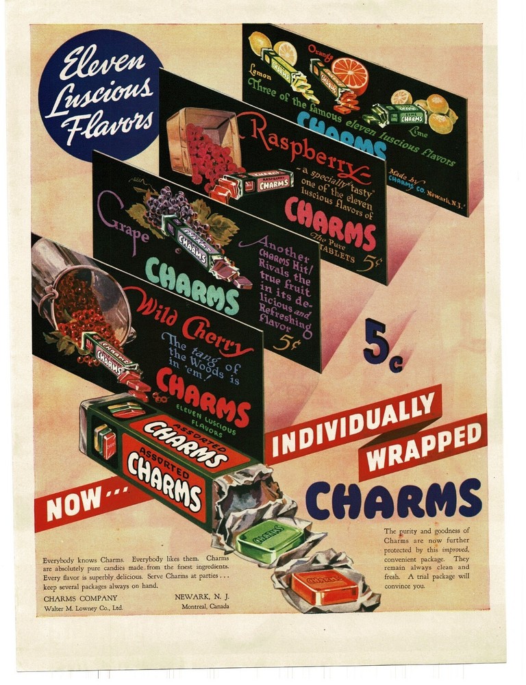 1937 Charms Candy Raspberry Grape Wild Cherry Vintage Print Ad