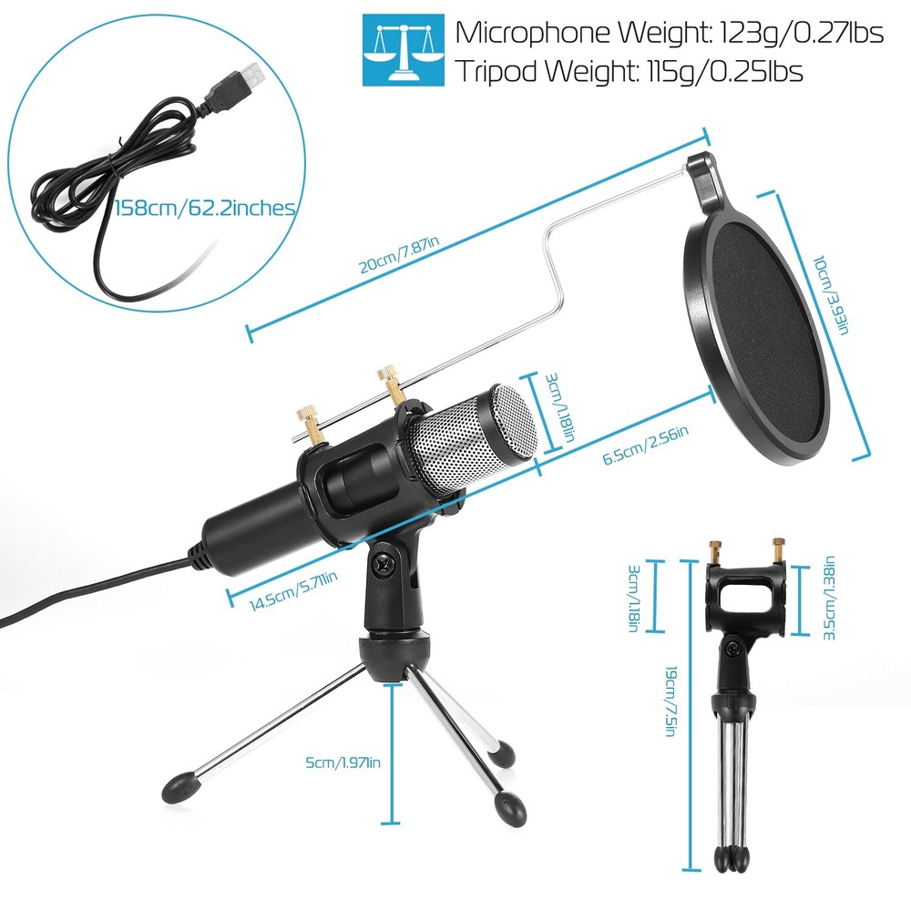 USB Condenser Microphone w/ Tripod Stand For Game Chat Audio Recording Computer