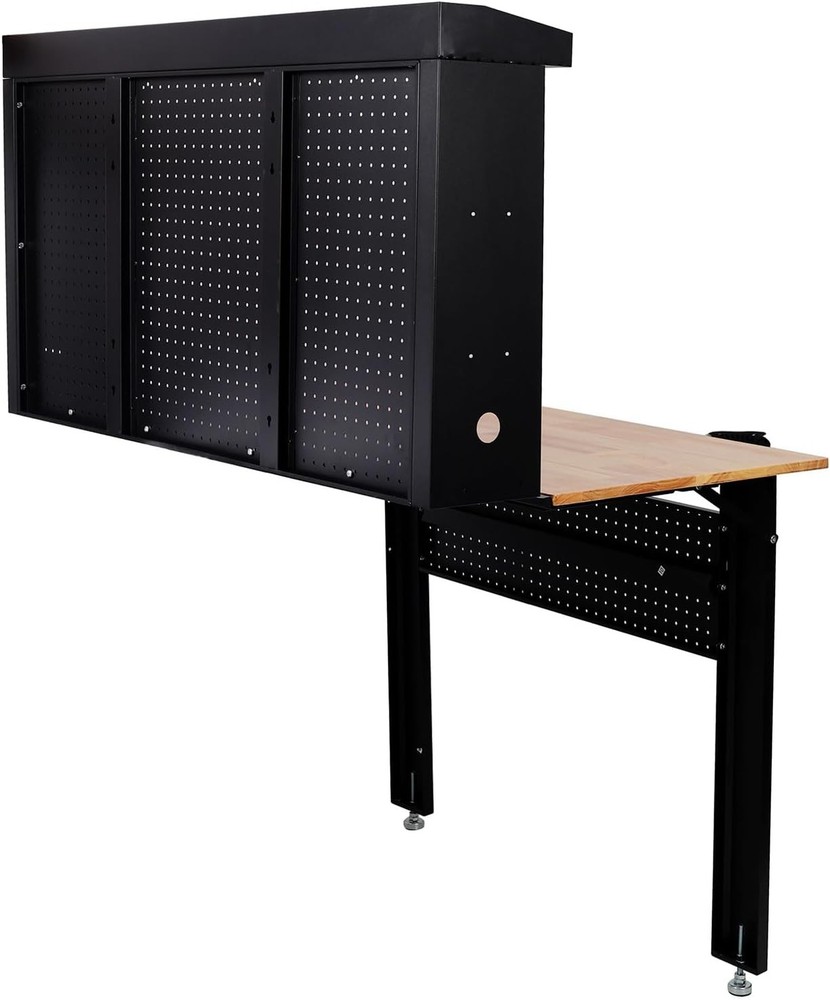 Wall Mounted Workbench Foldable Rubberwood Work Surface, Pegboard Tool Storage