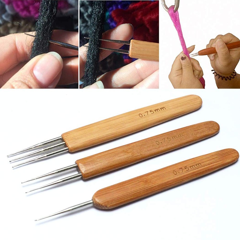 3 Pcs Bamboo Handle Dreadlock Hook Crochet Needle Tool Set Hair Braiding Tool