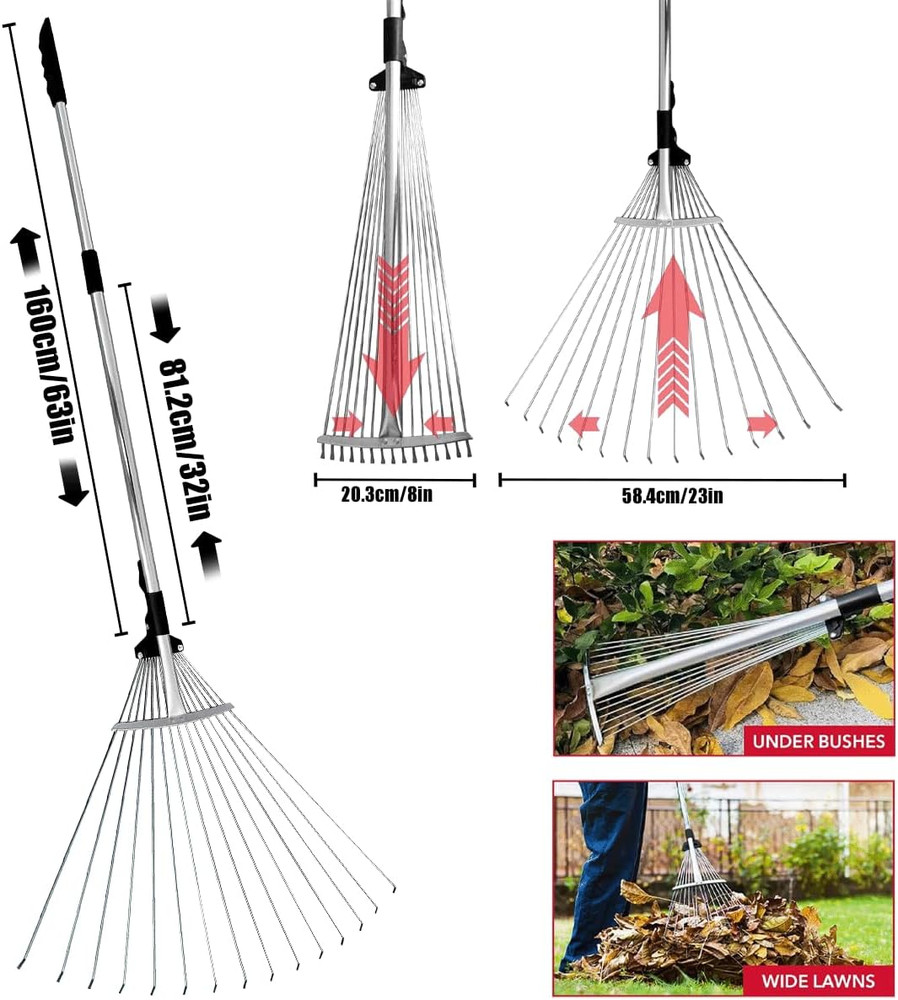 Adjustable Metal Leaf Set 65" Adjustable Handle Rake Set,32-63" Handle, 8-23" Wi