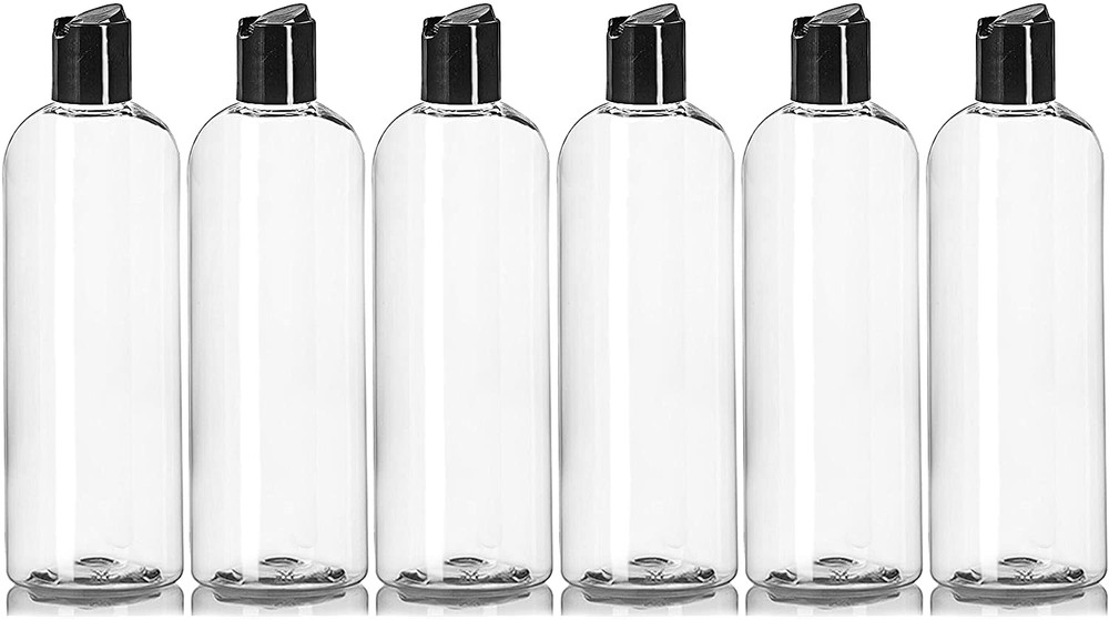 16 oz Clear Plastic Empty Bottles with Black Disc Top Caps, Squeezable Refillabl