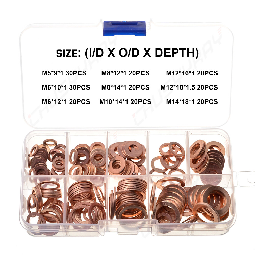 200x/Kit Solid Copper Crush Washers Gasket Set Flat O-Ring Seal Assortment
