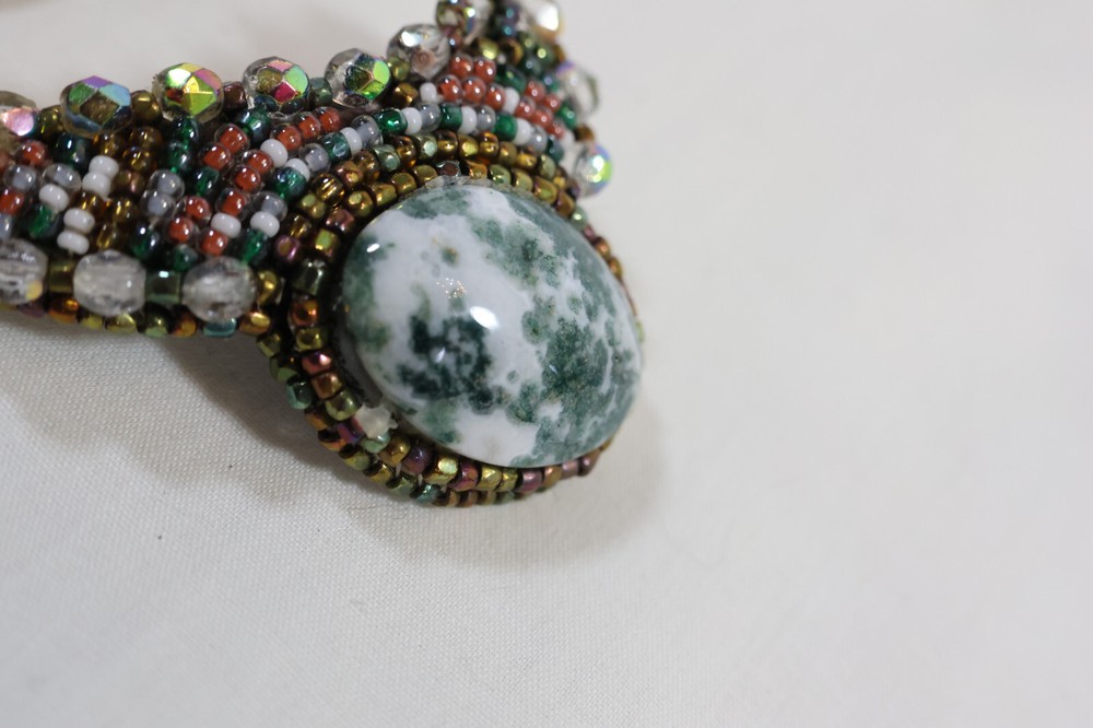 Pierced Earrings handmade beaded and stone leather back 2" high