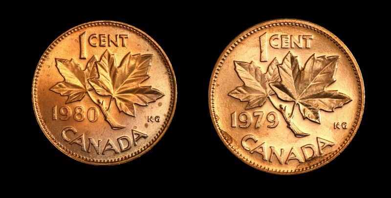 Canada 1979 + 1980 ,  1 cent coin uncirculated from roll