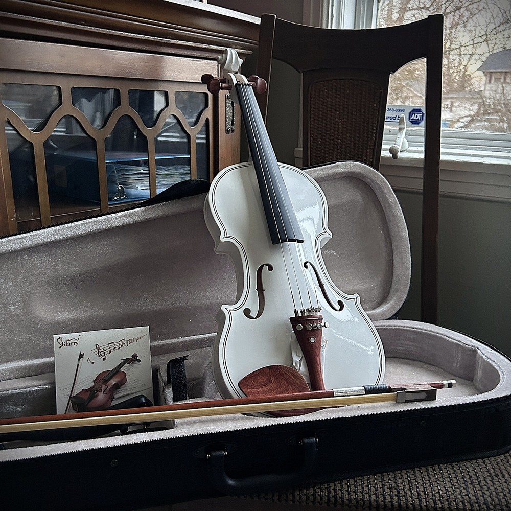 White Full-Size 4/4 Solid Wood Violin Package with Case, Bow, Rosin, and More