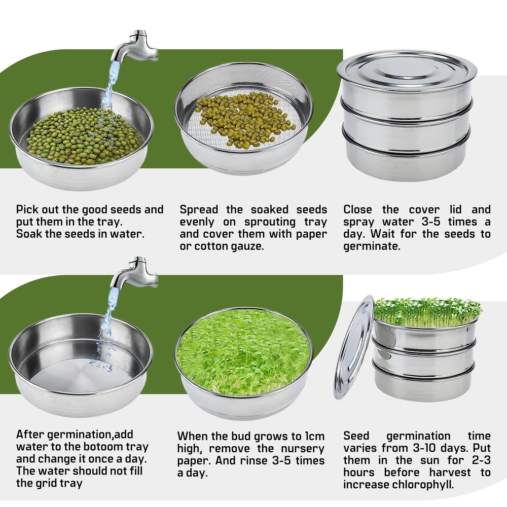 3-Tier Stainless Steel Seed Sprouting Kit for Microgreens and Broccoli