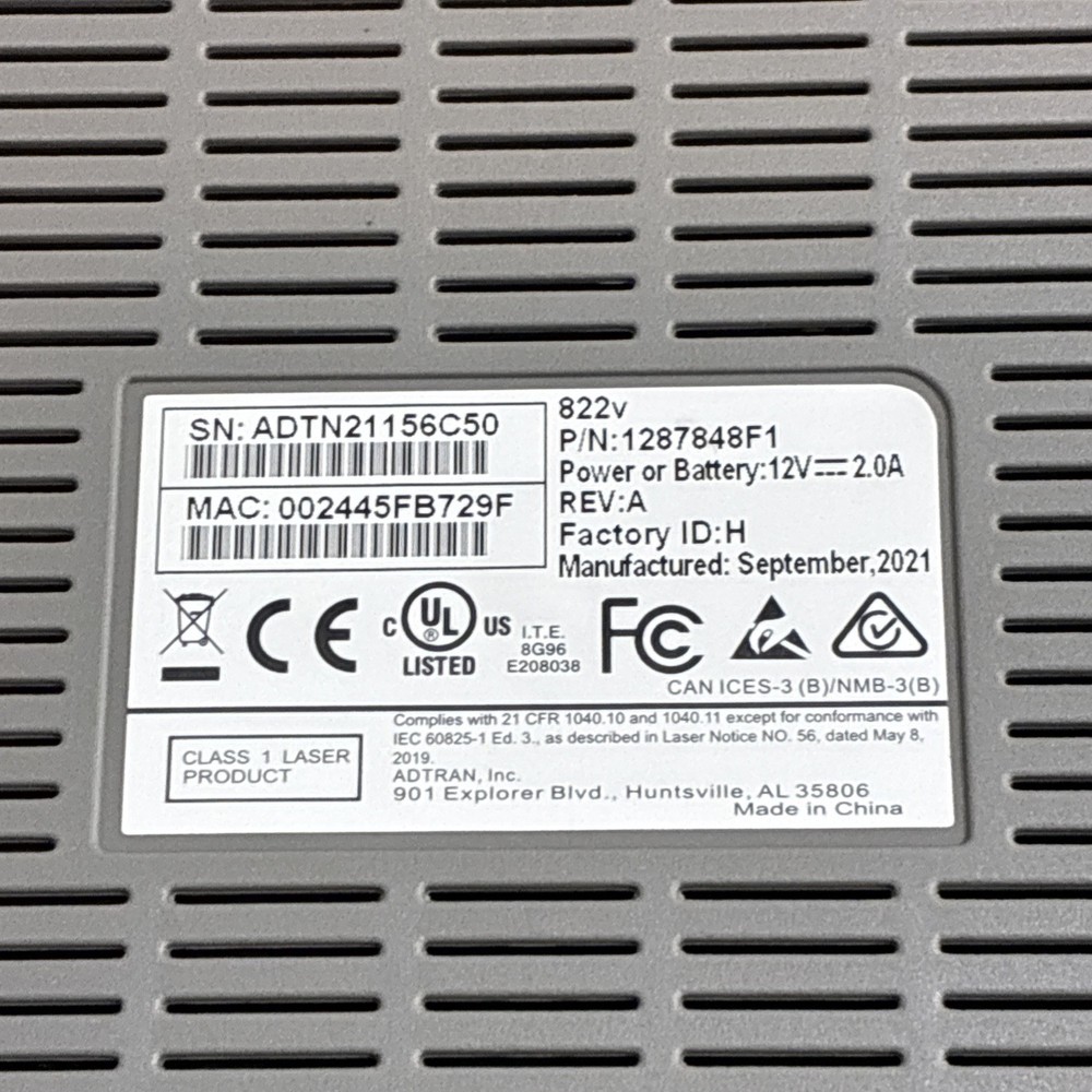 Adtran 822v Fiber Optic Modem